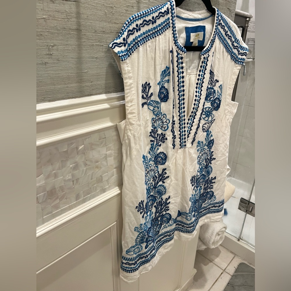 Anthropologie Maeve linen embroidered tunic dress medium white blue beach shells - Picture 6 of 17